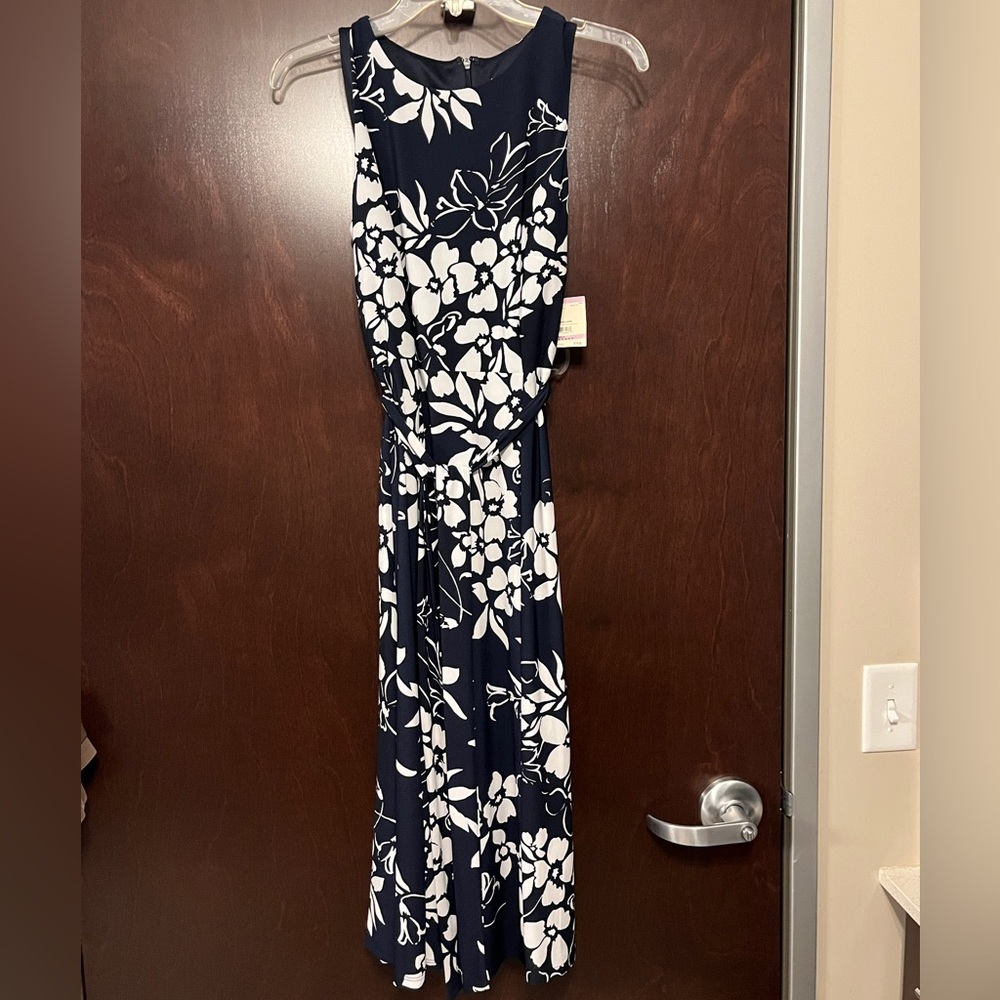 Anne Klein Navy and White Floral Midi Dress with belt